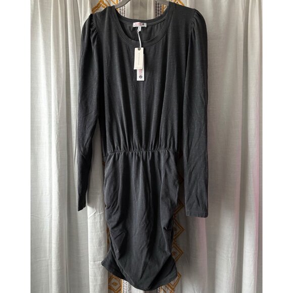 Anthropologie Sundry Shirred Mini Dress (Size M) Grey Long Sleeve Tight Fitted - Picture 2 of 12